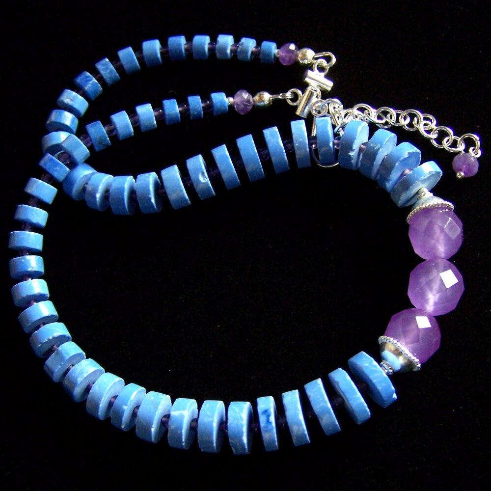 Sterling Silver MAGNESITE AMETHYST CHALCEDONY Necklace Heishi Choker Adjustable